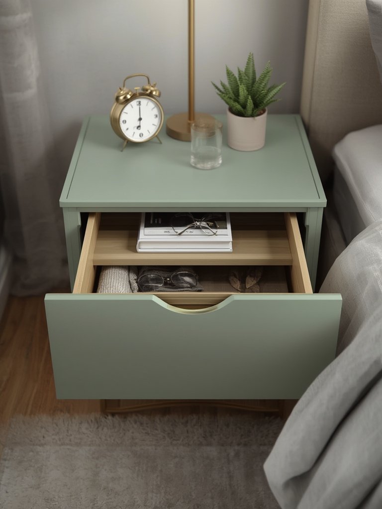 nightstand dresser 2 drawer detail - fabric bins, steel frame, wooden top