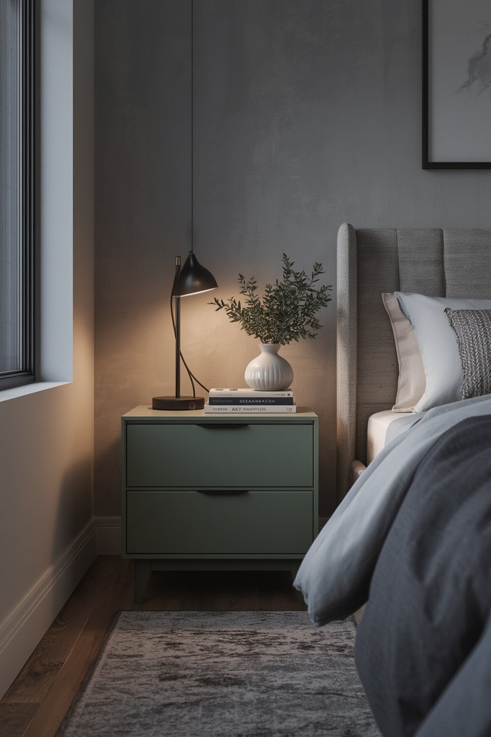nightstand dresser with fabric drawers and wooden top, black, in modern bedroom setting