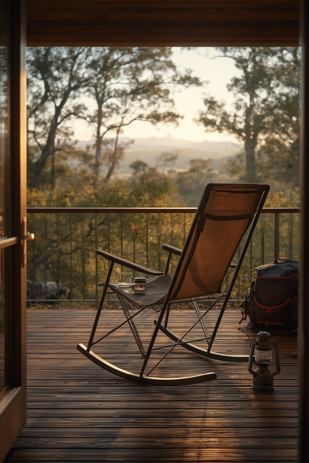 rocking chair in use outdoors by campfire with beverage holder